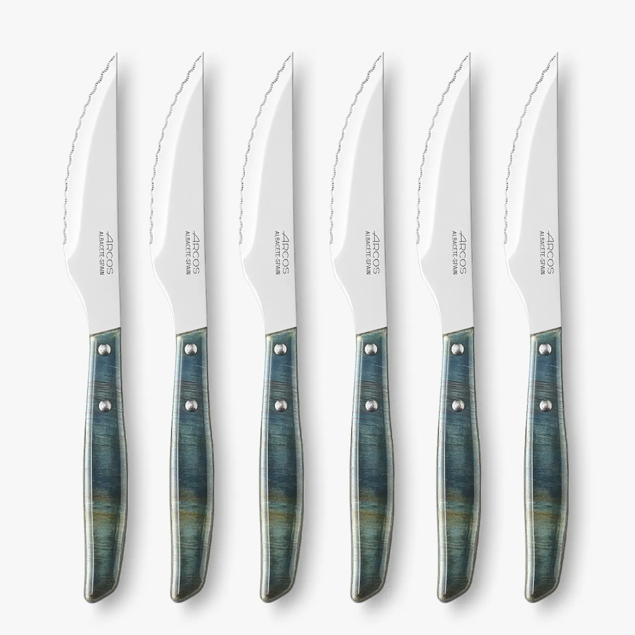 Set 6 pzas. Cuchillo Chuletero Madera de Chopo Comprimida Tinte Azul